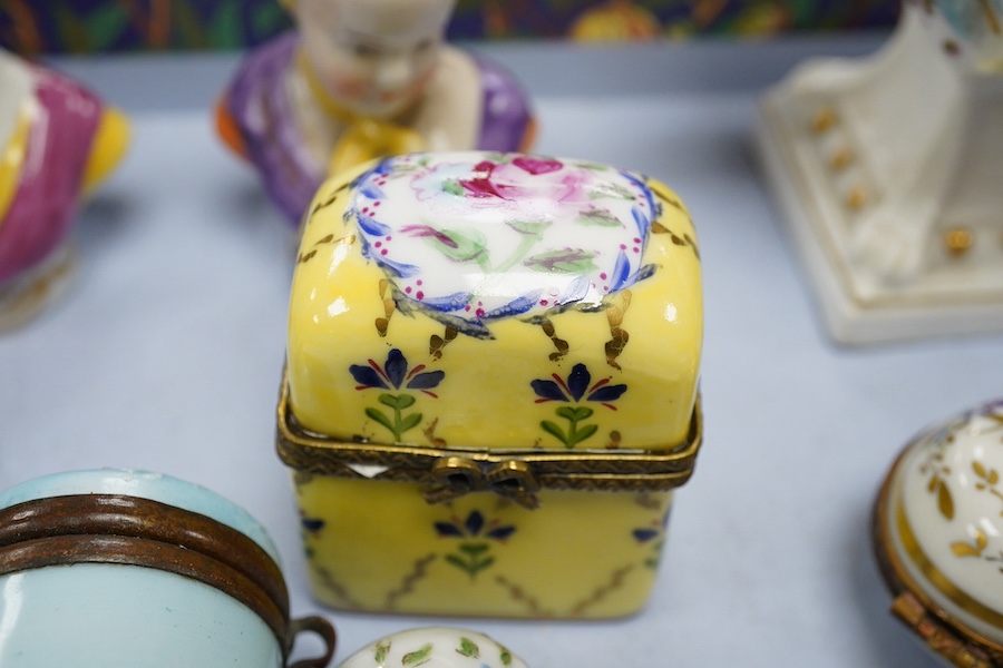 Three Continental porcelain busts and sundry ceramic boxes, 19th century, tallest 13cm. Condition - fair